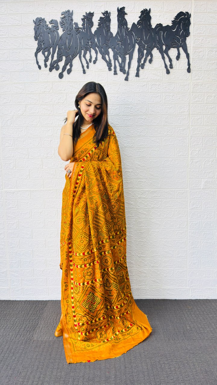 Radiant Mustard Yellow Designer Saree with Intricate Heritage Tribal Print