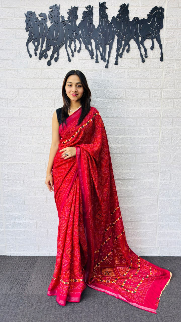Vibrant Rani Pink Designer Saree with Intricate Heritage Tribal Print