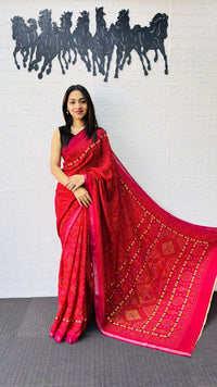 Vibrant Rani Pink Designer Saree with Intricate Heritage Tribal Print