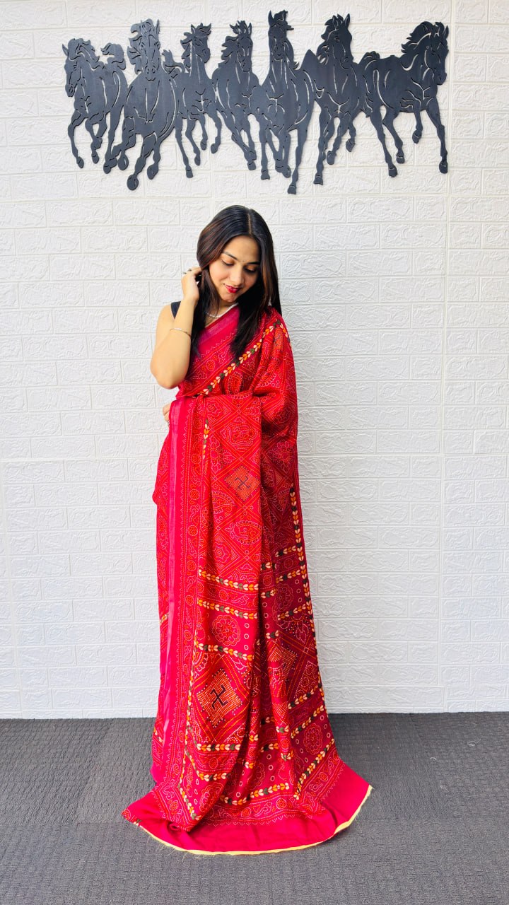 Vibrant Rani Pink Designer Saree with Intricate Heritage Tribal Print