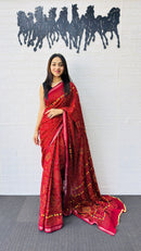 Classic Red Designer Saree with Intricate Heritage Tribal Print