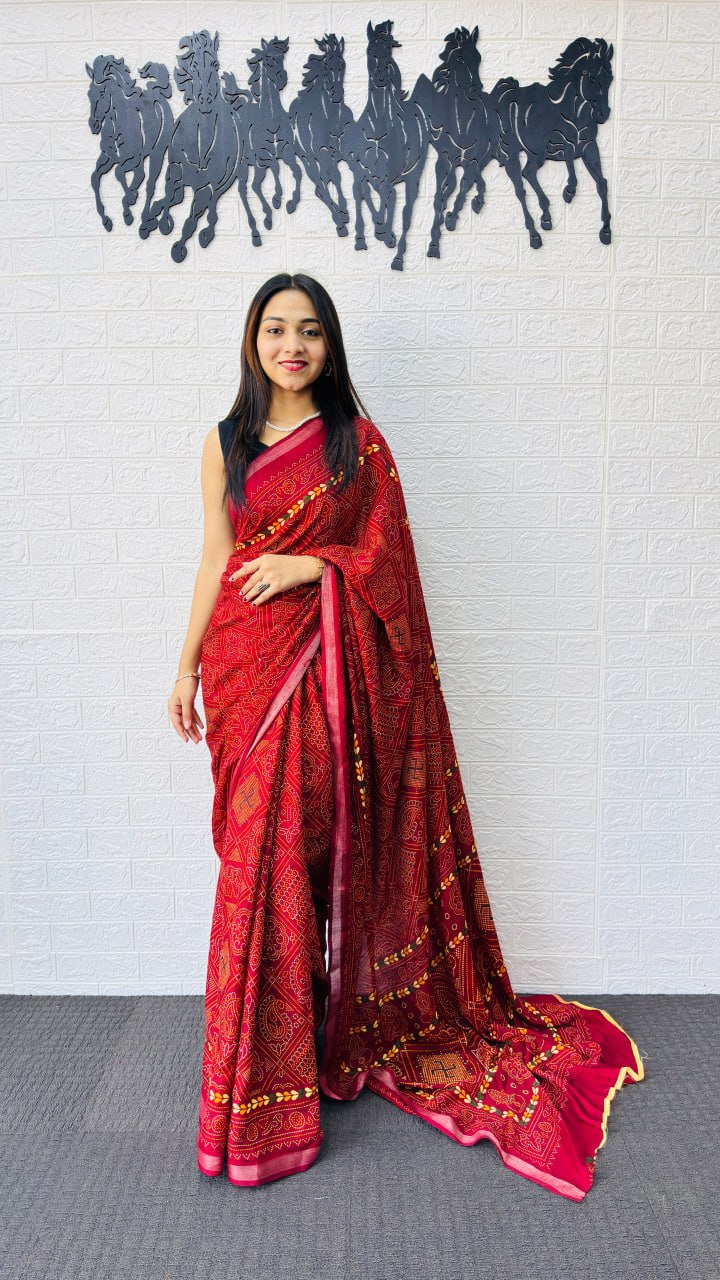 Classic Red Designer Saree with Intricate Heritage Tribal Print
