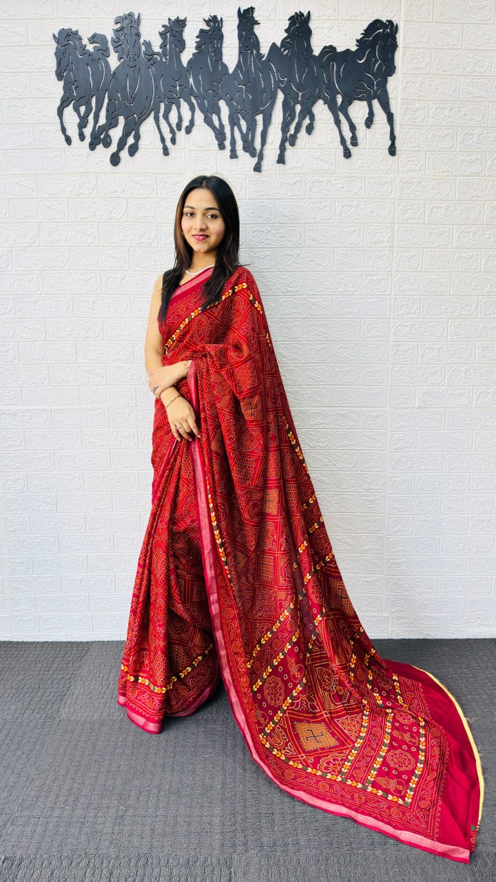 Classic Red Designer Saree with Intricate Heritage Tribal Print