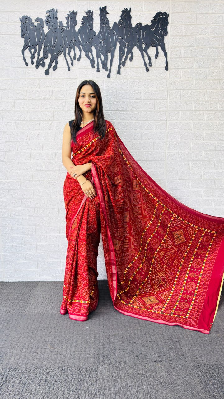 Classic Red Designer Saree with Intricate Heritage Tribal Print