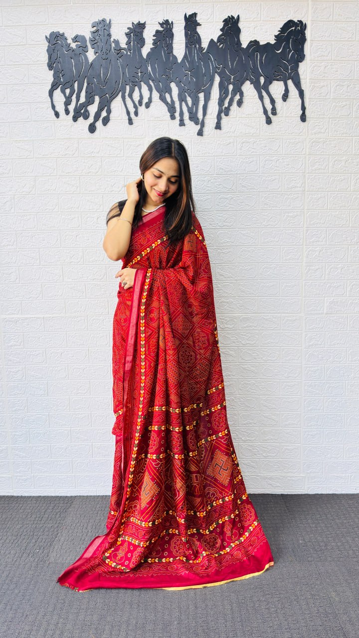 Classic Red Designer Saree with Intricate Heritage Tribal Print