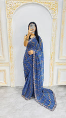 Stylish Navy Blue Zigzag Print Designer Saree with Elegant Lace Border