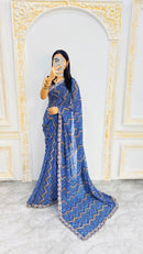 Stylish Navy Blue Zigzag Print Designer Saree with Elegant Lace Border