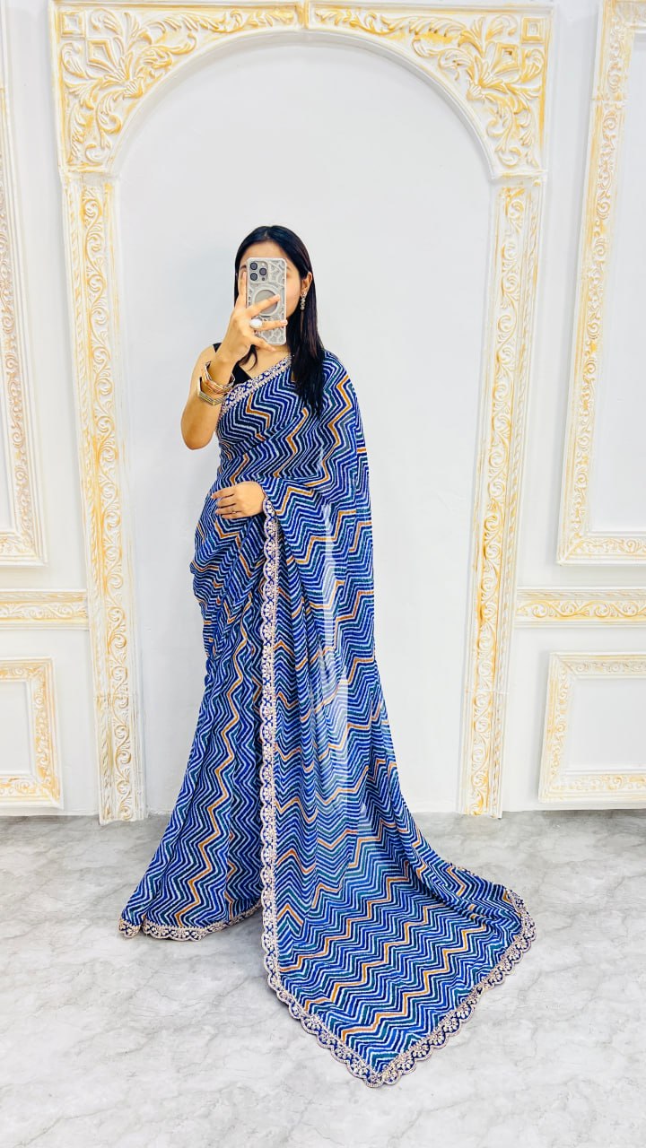 Stylish Navy Blue Zigzag Print Designer Saree with Elegant Lace Border