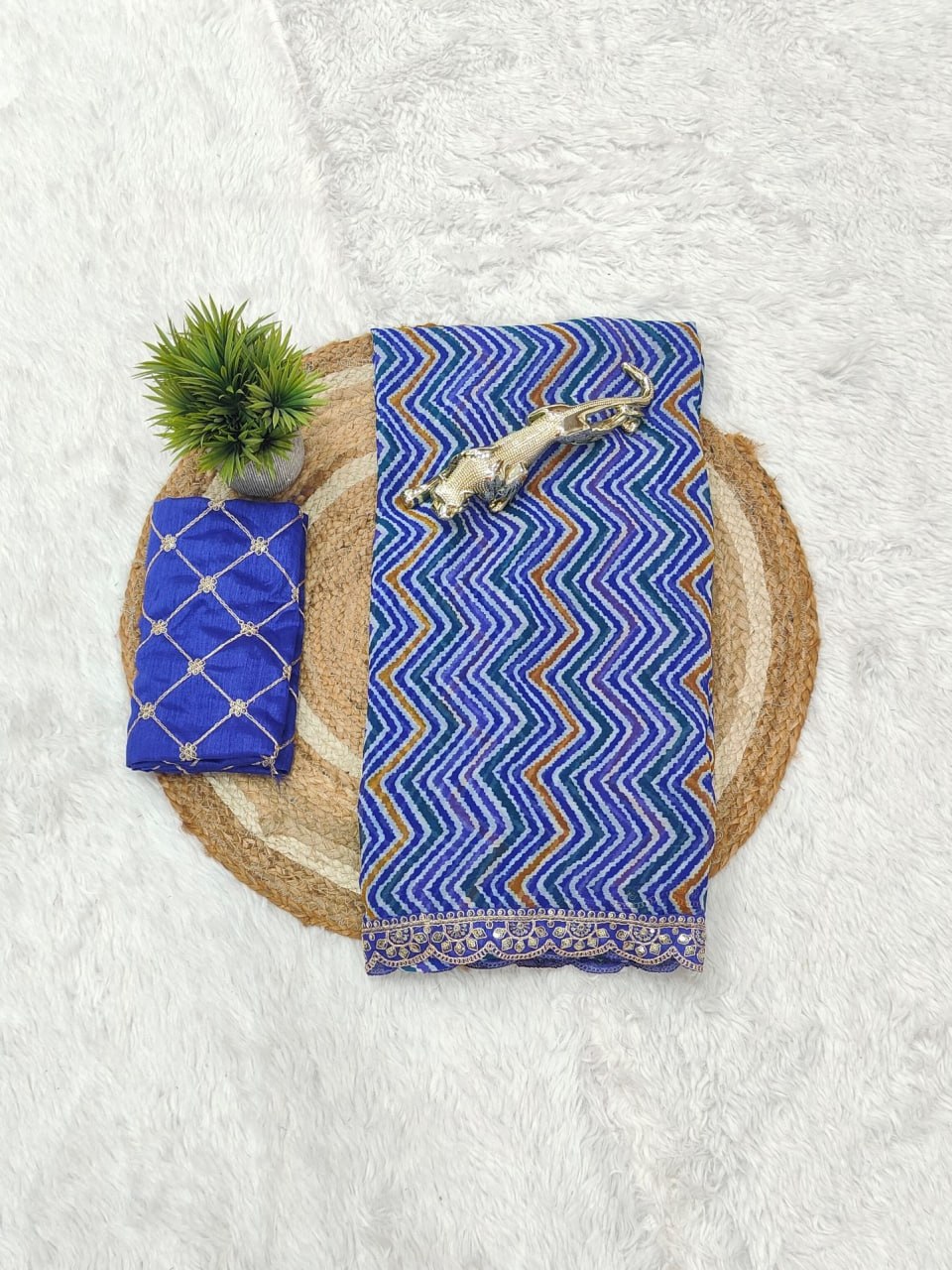 Stylish Navy Blue Zigzag Print Designer Saree with Elegant Lace Border