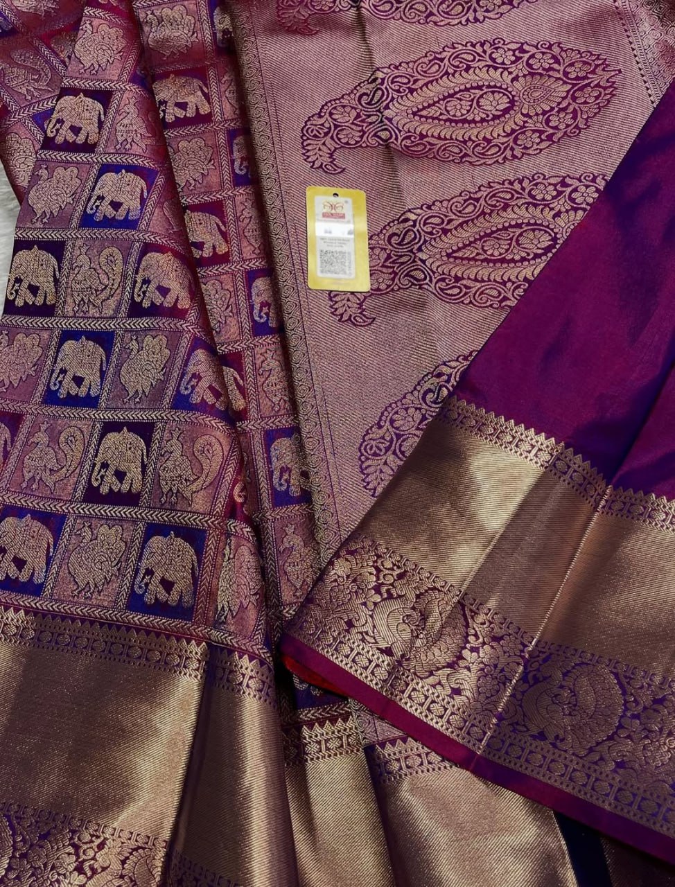 Royal Wine Purple Banarasi Silk Saree with Grand Paisley Zari Pallu & Elephant Motif Border | Bridal & Wedding Wear