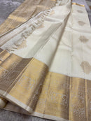 Royal Off-White Banarasi Silk Saree with Grand Gold Zari Elephant Border | Premium Wedding & Festive Wear