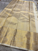 Royal Off-White Banarasi Silk Saree with Grand Gold Zari Elephant Border | Premium Wedding & Festive Wear