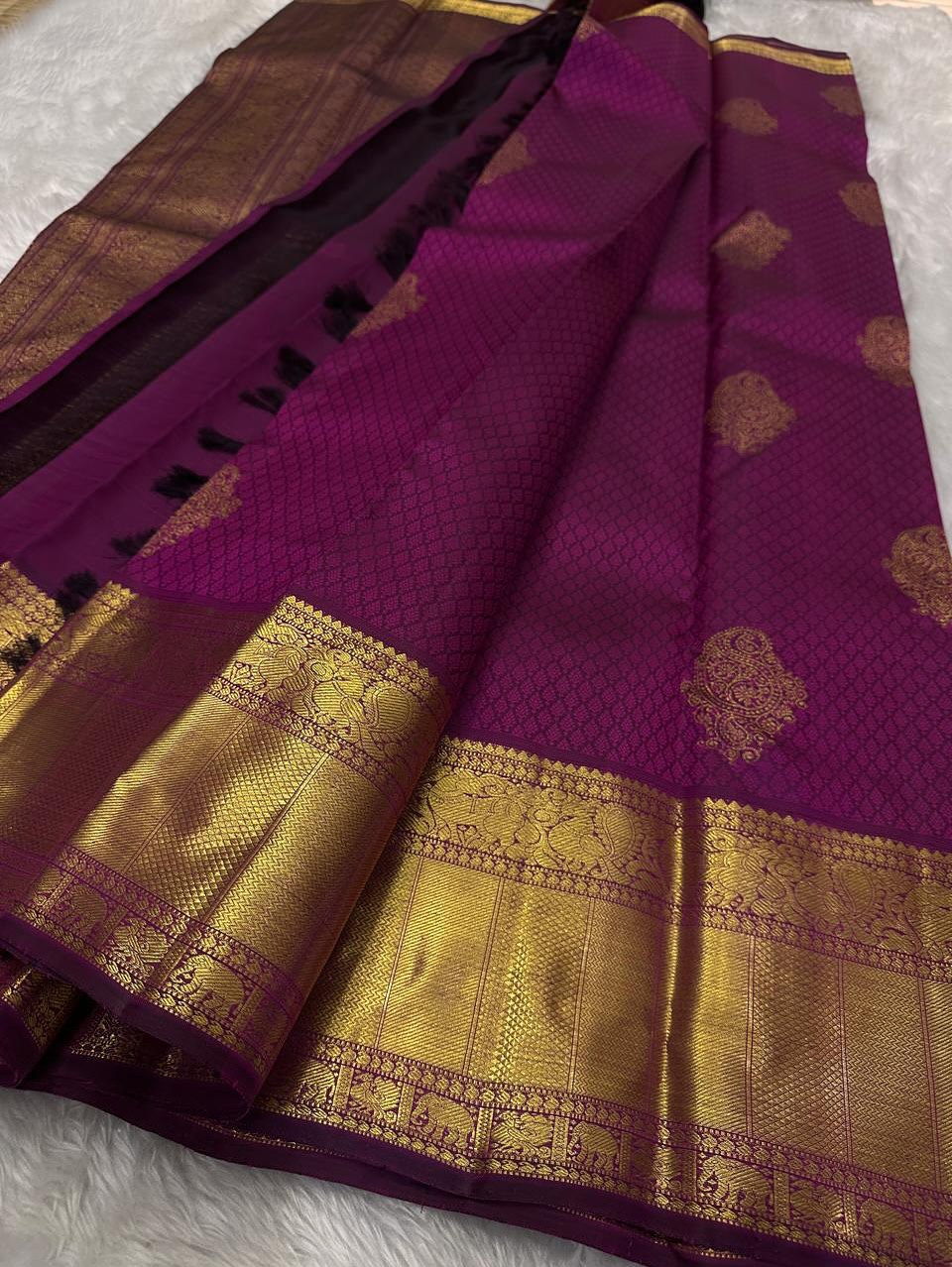 Royal Magenta Purple Banarasi Silk Saree with Grand Gold Zari Elephant Border | Premium Bridal & Wedding Wear