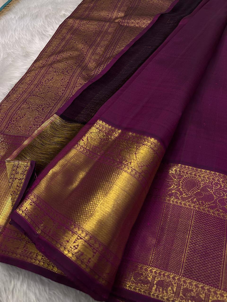 Royal Magenta Purple Banarasi Silk Saree with Grand Gold Zari Elephant Border | Premium Bridal & Wedding Wear