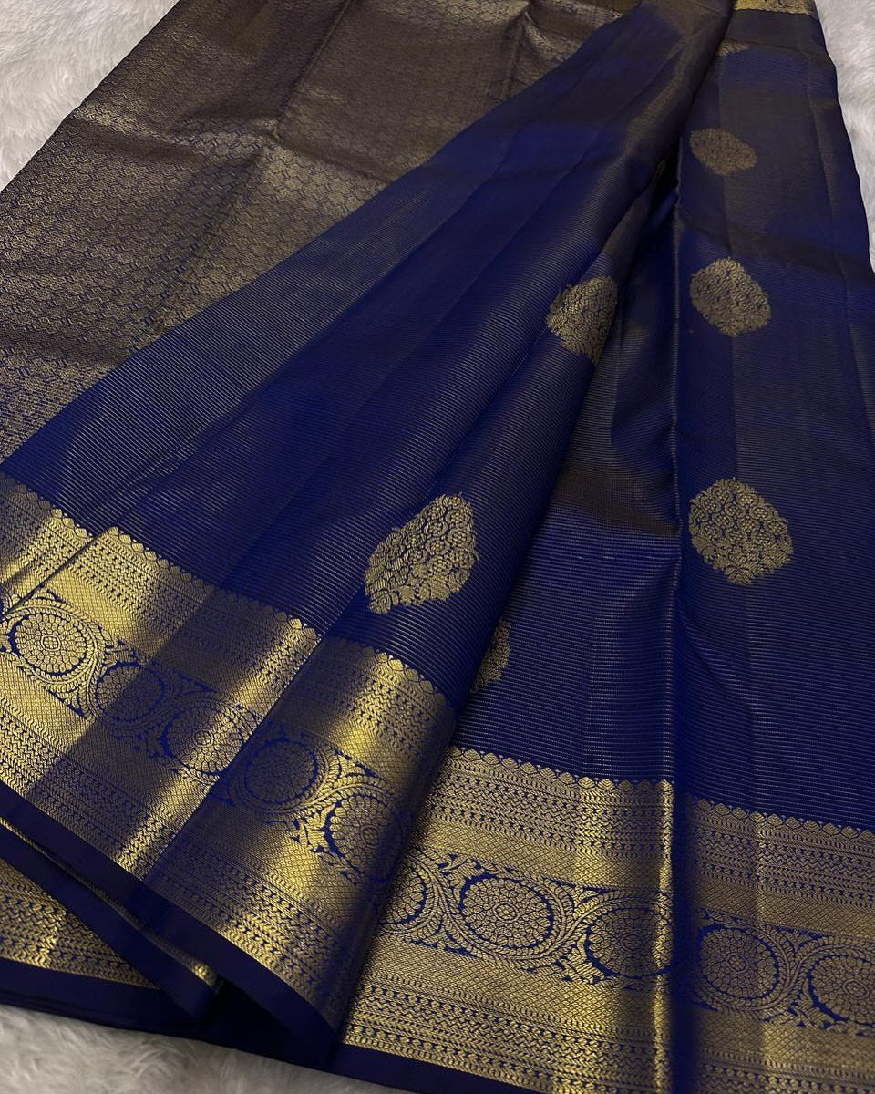 Royal Navy Blue Banarasi Silk Saree with Classic Gold Zari Butti & Rich Border | Elegant Wedding & Festive Wear