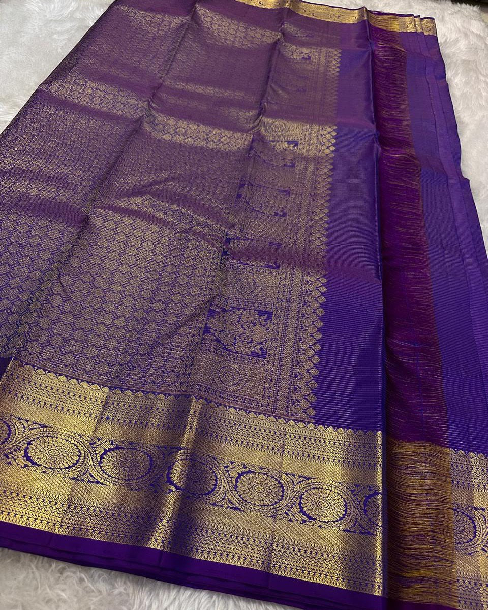 Royal Purple Banarasi Silk Saree with Classic Gold Zari Butti & Grand Border | Premium Wedding & Festive Wear