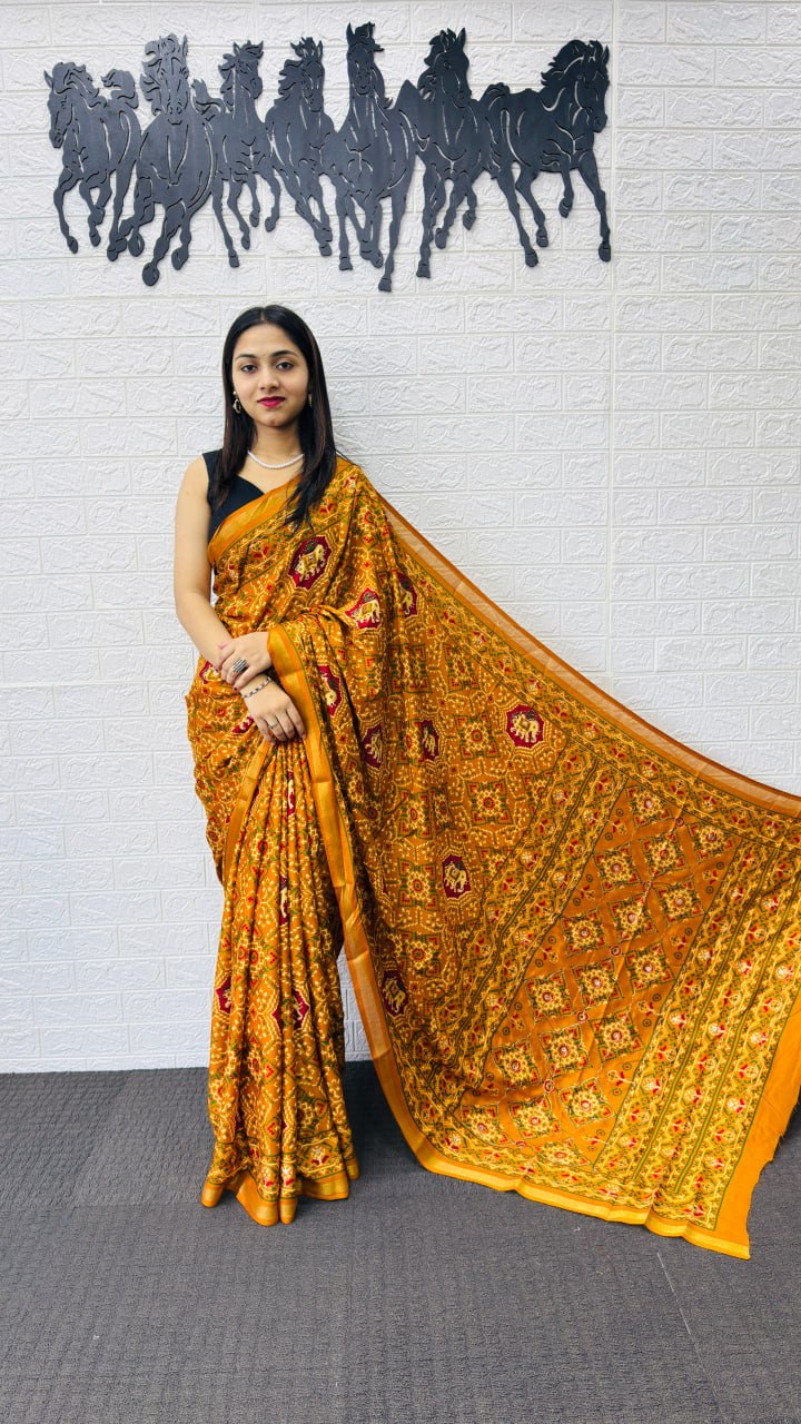 Royal Mustard Yellow Patola Silk Saree with Multicolor Traditional Weaving | Premium Festive & Cultural Wear
