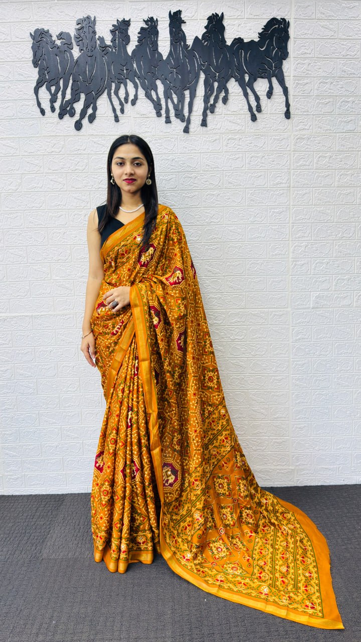 Royal Mustard Yellow Patola Silk Saree with Multicolor Traditional Weaving | Premium Festive & Cultural Wear