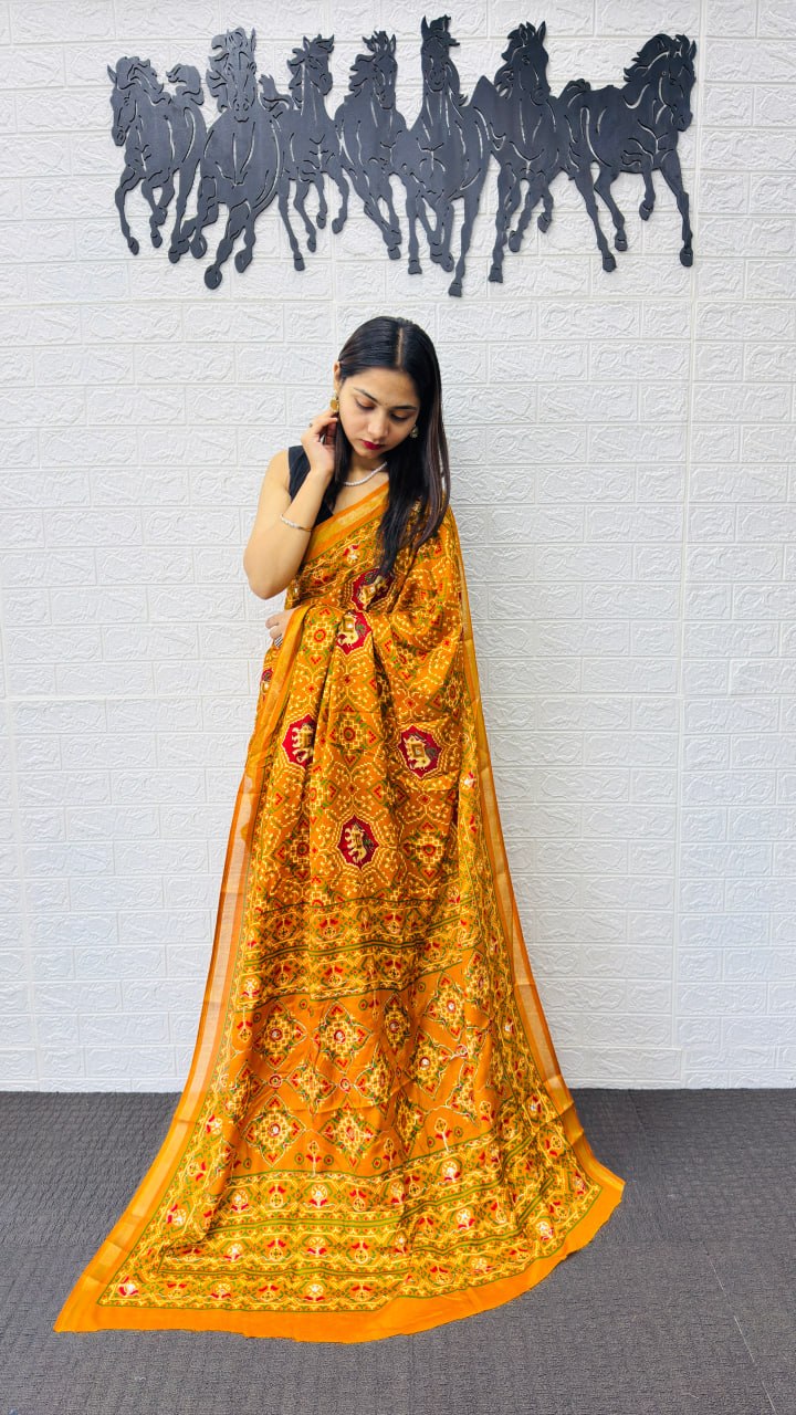 Royal Mustard Yellow Patola Silk Saree with Multicolor Traditional Weaving | Premium Festive & Cultural Wear