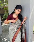 Elegant Silver Grey Silk Saree with Maroon Zari Border | Premium Traditional Festive Wear