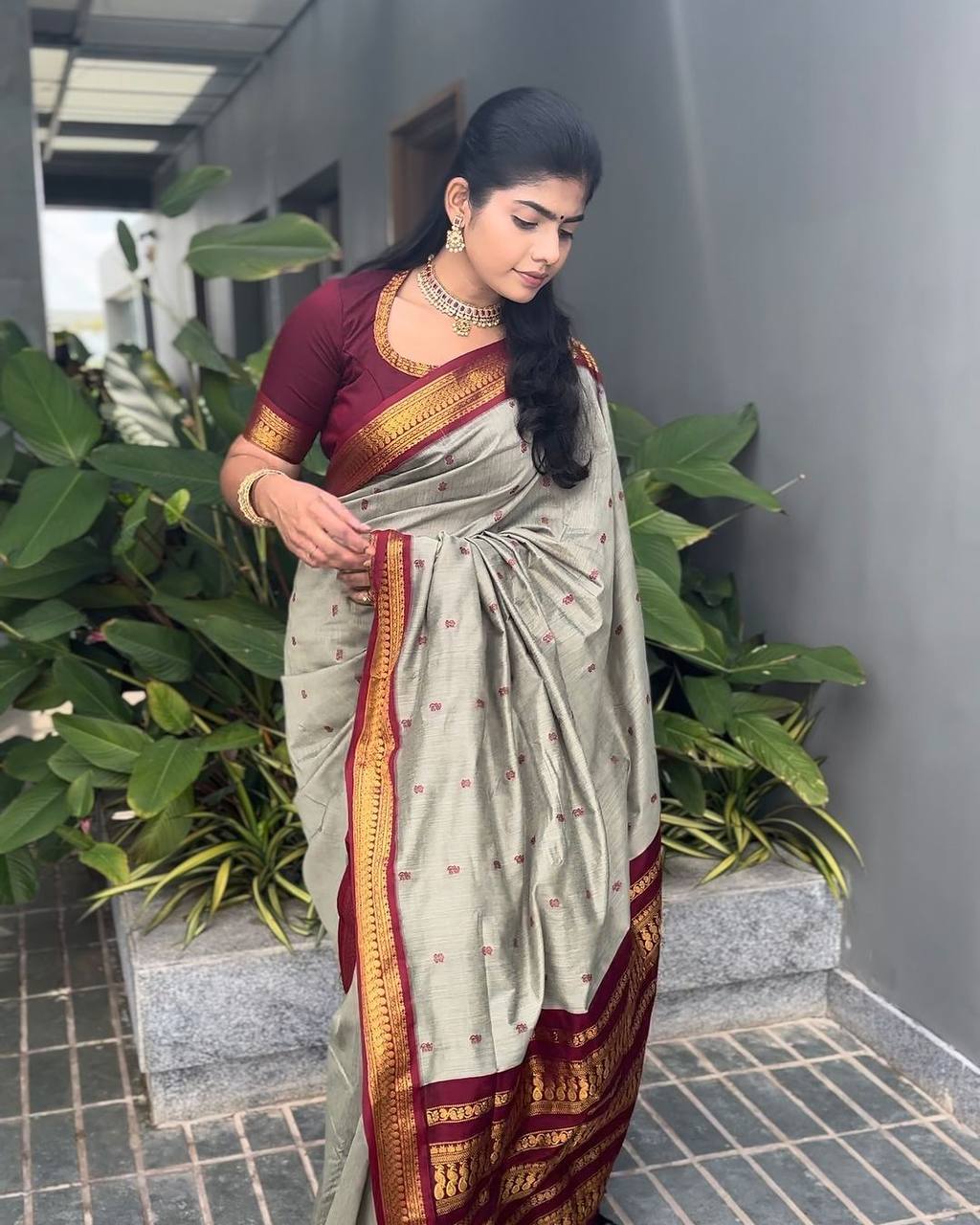 Elegant Silver Grey Silk Saree with Maroon Zari Border | Premium Traditional Festive Wear