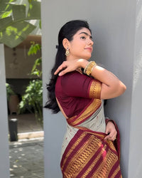 Elegant Silver Grey Silk Saree with Maroon Zari Border | Premium Traditional Festive Wear