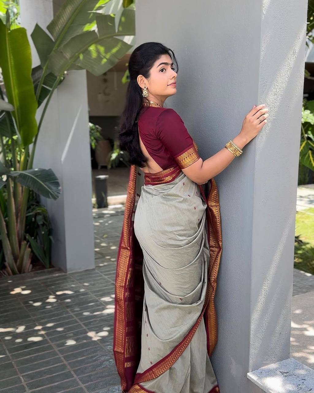 Elegant Silver Grey Silk Saree with Maroon Zari Border | Premium Traditional Festive Wear