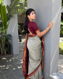 Elegant Silver Grey Silk Saree with Maroon Zari Border | Premium Traditional Festive Wear