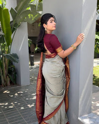 Elegant Silver Grey Silk Saree with Maroon Zari Border | Premium Traditional Festive Wear