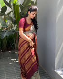 Elegant Silver Grey Silk Saree with Maroon Zari Border | Premium Traditional Festive Wear