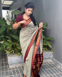 Elegant Silver Grey Silk Saree with Maroon Zari Border | Premium Traditional Festive Wear