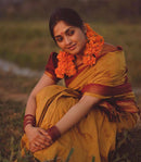 Traditional Mustard Yellow Silk Saree with Maroon Zari Border | Premium Temple & Festive Wear