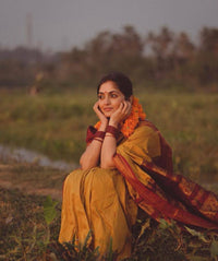 Traditional Mustard Yellow Silk Saree with Maroon Zari Border | Premium Temple & Festive Wear