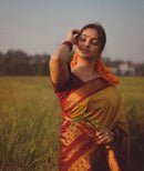 Traditional Mustard Yellow Silk Saree with Maroon Zari Border | Premium Temple & Festive Wear