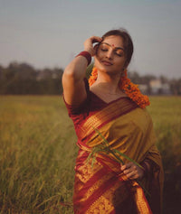 Traditional Mustard Yellow Silk Saree with Maroon Zari Border | Premium Temple & Festive Wear