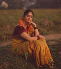 Traditional Mustard Yellow Silk Saree with Maroon Zari Border | Premium Temple & Festive Wear