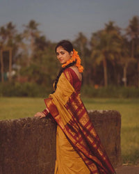 Traditional Mustard Yellow Silk Saree with Maroon Zari Border | Premium Temple & Festive Wear
