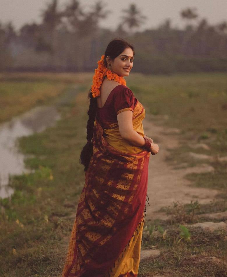 Traditional Mustard Yellow Silk Saree with Maroon Zari Border | Premium Temple & Festive Wear