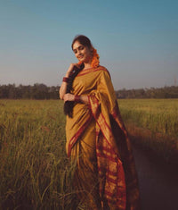 Traditional Mustard Yellow Silk Saree with Maroon Zari Border | Premium Temple & Festive Wear