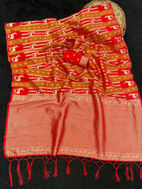 Classic Red Paithani Style Silk Saree with Peacock Motif Stripes & Grand Zari Pallu | Premium Bridal & Festive Wear