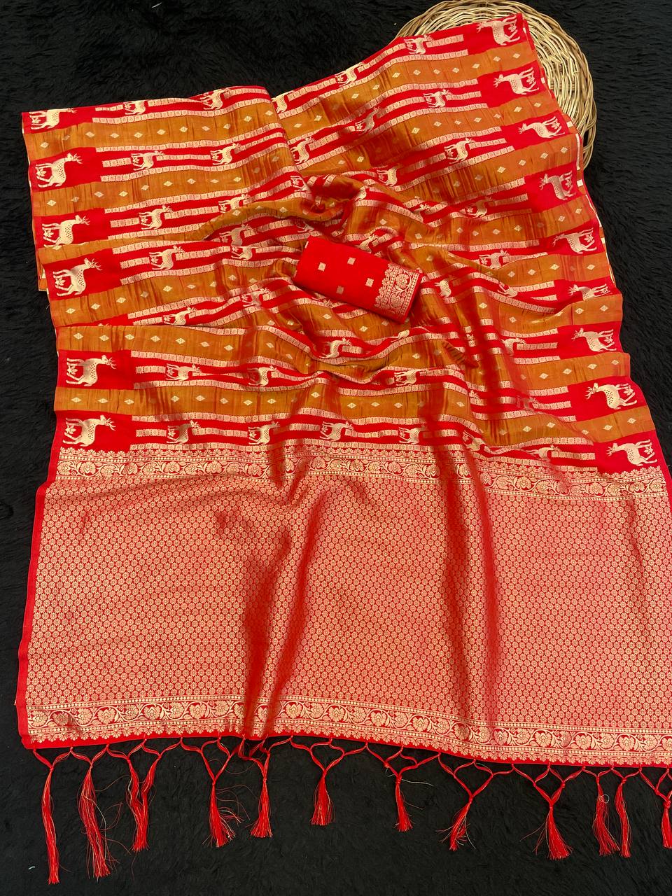 Classic Red Paithani Style Silk Saree with Peacock Motif Stripes & Grand Zari Pallu | Premium Bridal & Festive Wear