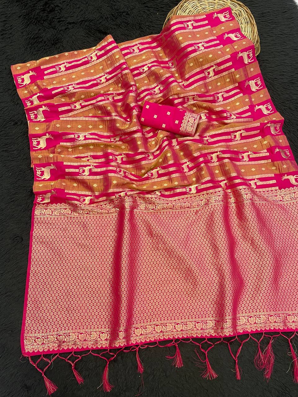 Rani Pink Paithani Style Silk Saree with Peacock Motif Stripes & Rich Zari Pallu | Premium Festive & Wedding Wear