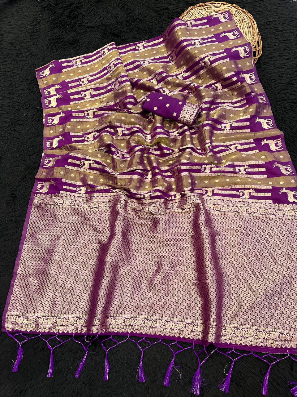 Royal Purple Paithani Style Silk Saree with Peacock Motif Stripes & Rich Zari Pallu | Premium Festive & Wedding Wear