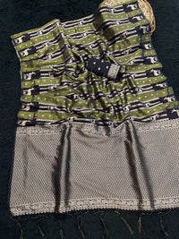 Olive Green Paithani Style Silk Saree with Peacock Motif Stripes & Rich Silver Zari Pallu | Premium Festive Wear