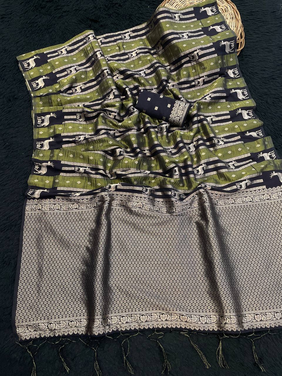 Olive Green Paithani Style Silk Saree with Peacock Motif Stripes & Rich Silver Zari Pallu | Premium Festive Wear