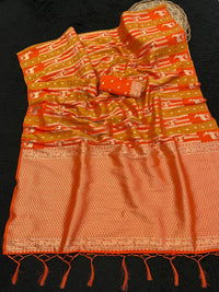 Vibrant Orange Paithani Style Silk Saree with Peacock Motif Stripes & Grand Zari Pallu | Premium Festive & Wedding Wear