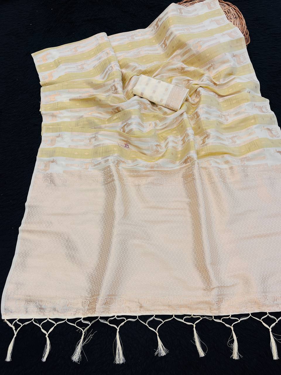 Elegant Off-White & Pastel Yellow Paithani Style Silk Saree with Peacock Motif Stripes & Grand Zari Pallu | Premium Festive Wear