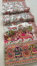 Ivory White Designer Printed Saree with Royal Elephant & Floral Border | Premium Festive & Cultural Wear