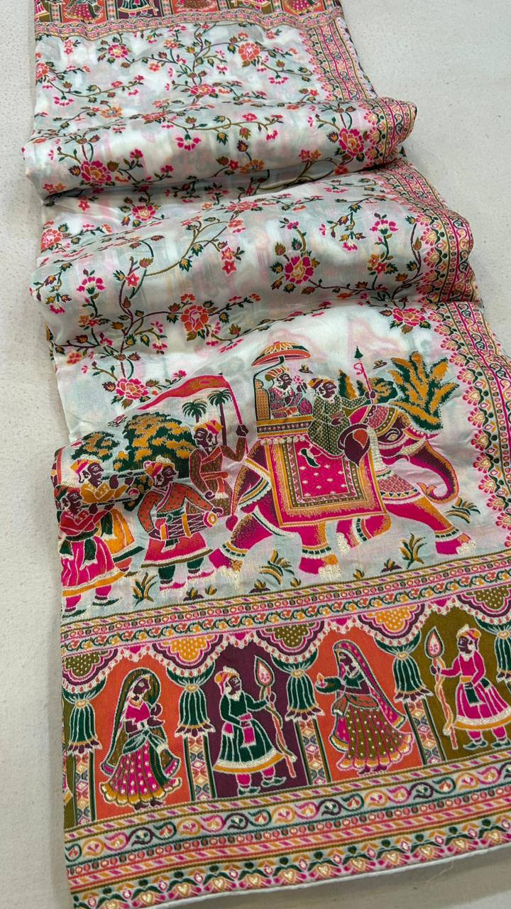 Ivory White Designer Printed Saree with Royal Elephant & Floral Border | Premium Festive & Cultural Wear