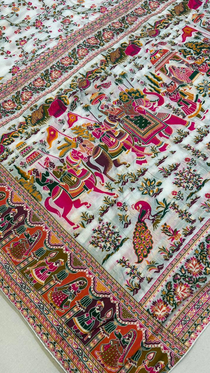 Ivory White Designer Printed Saree with Royal Elephant & Floral Border | Premium Festive & Cultural Wear